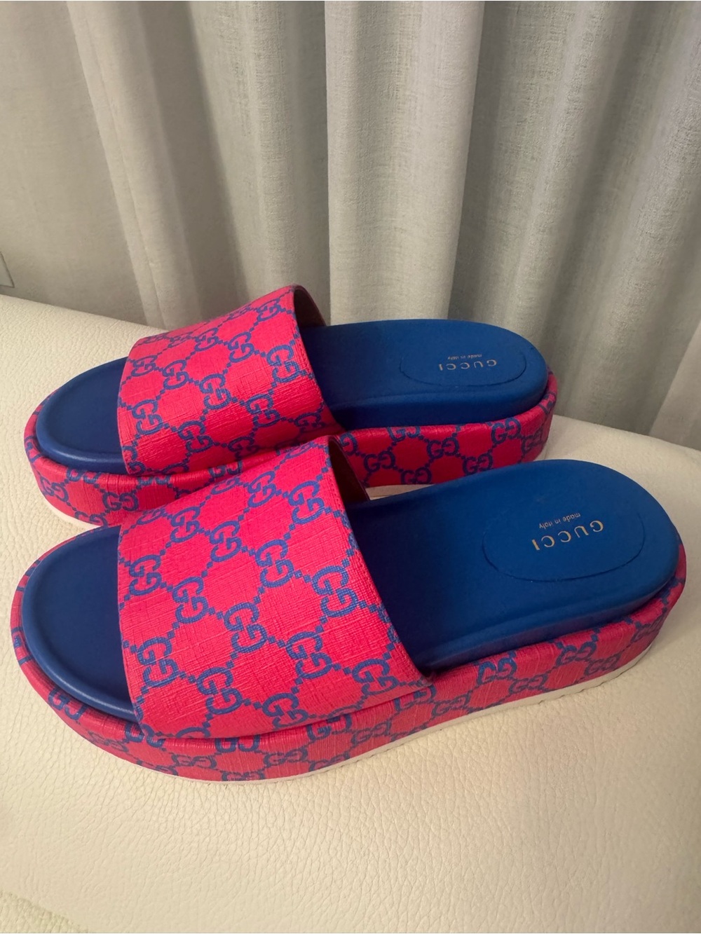 Gucci Pink & Blue GG Canvas Platform Slides